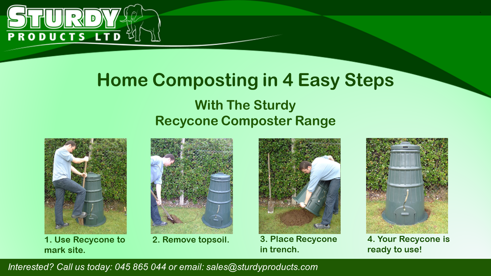A series of images demonstrating the simple set up procedure for a Sturdy Recycone Composter